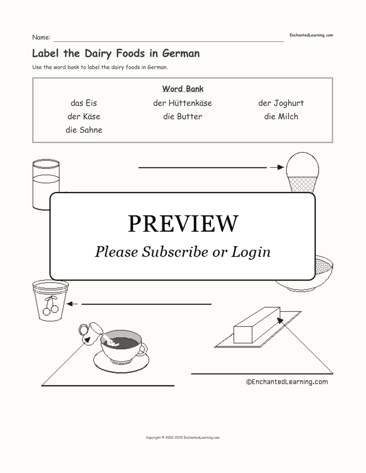 Label the Dairy Foods in German interactive worksheet page 1