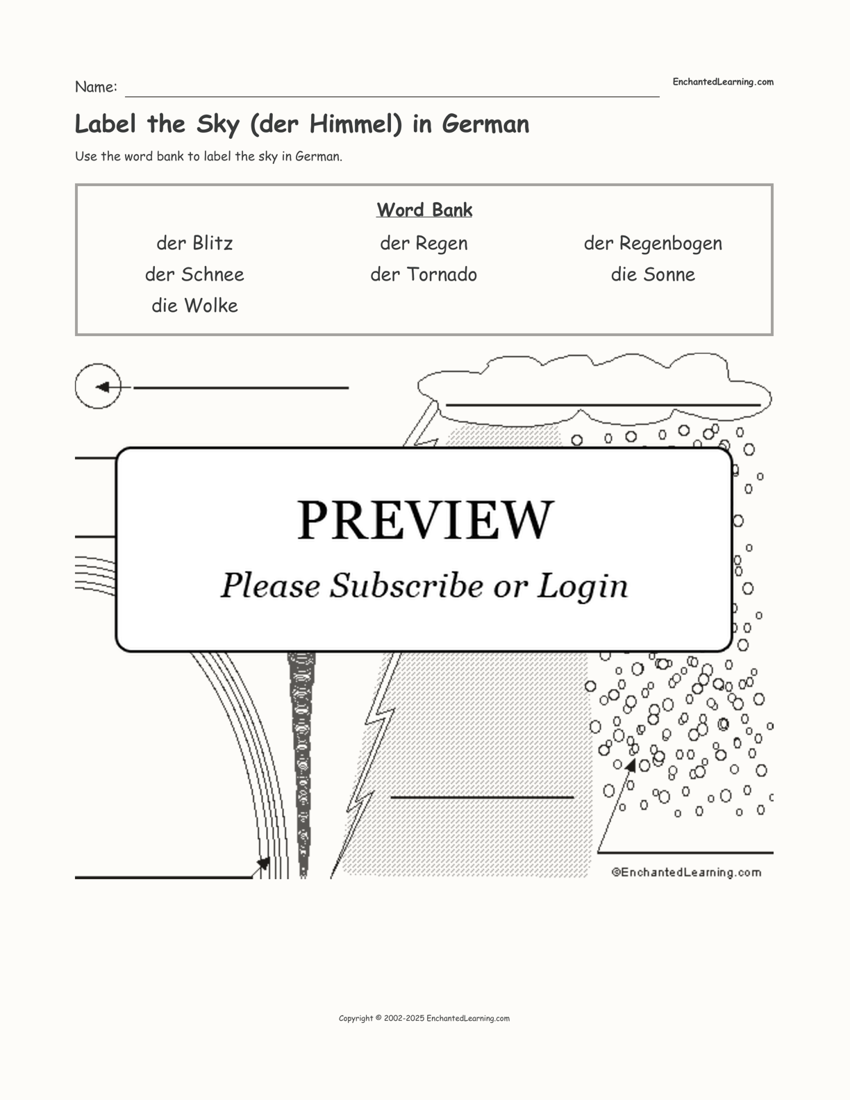 Label the Sky (der Himmel) in German interactive worksheet page 1