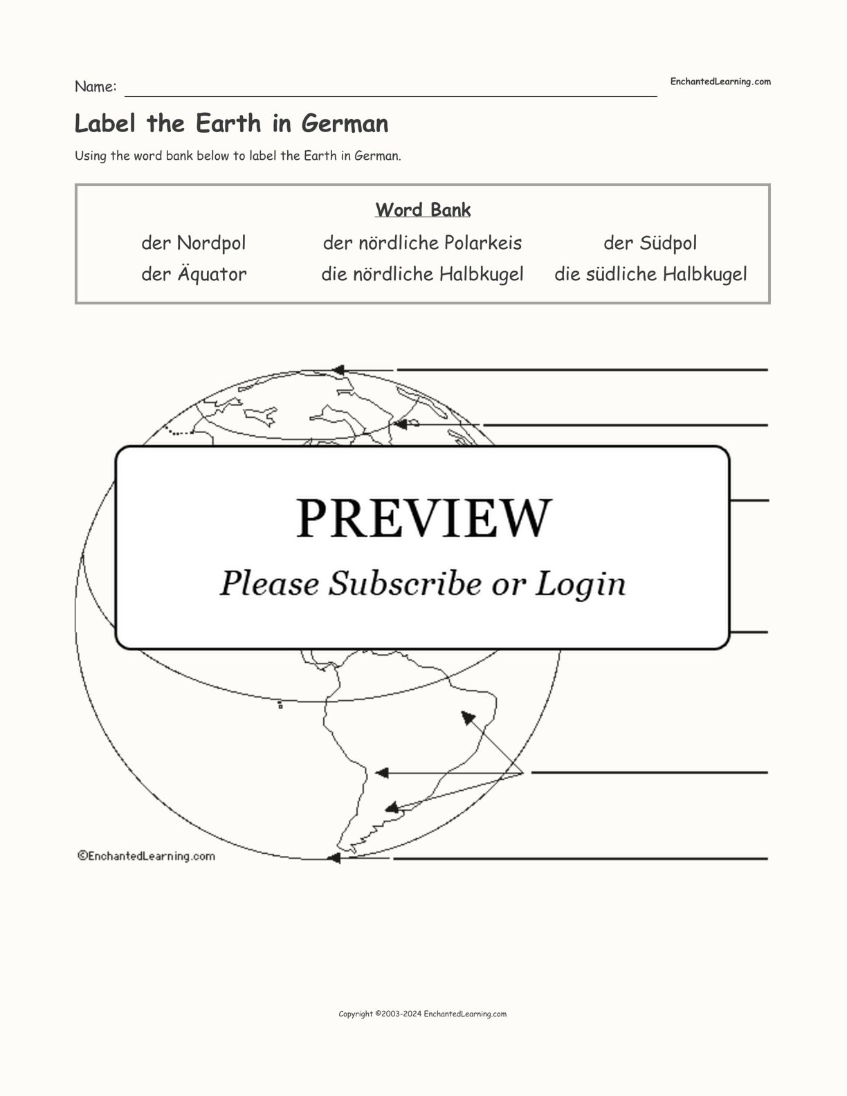 Label the Earth in German interactive worksheet page 1