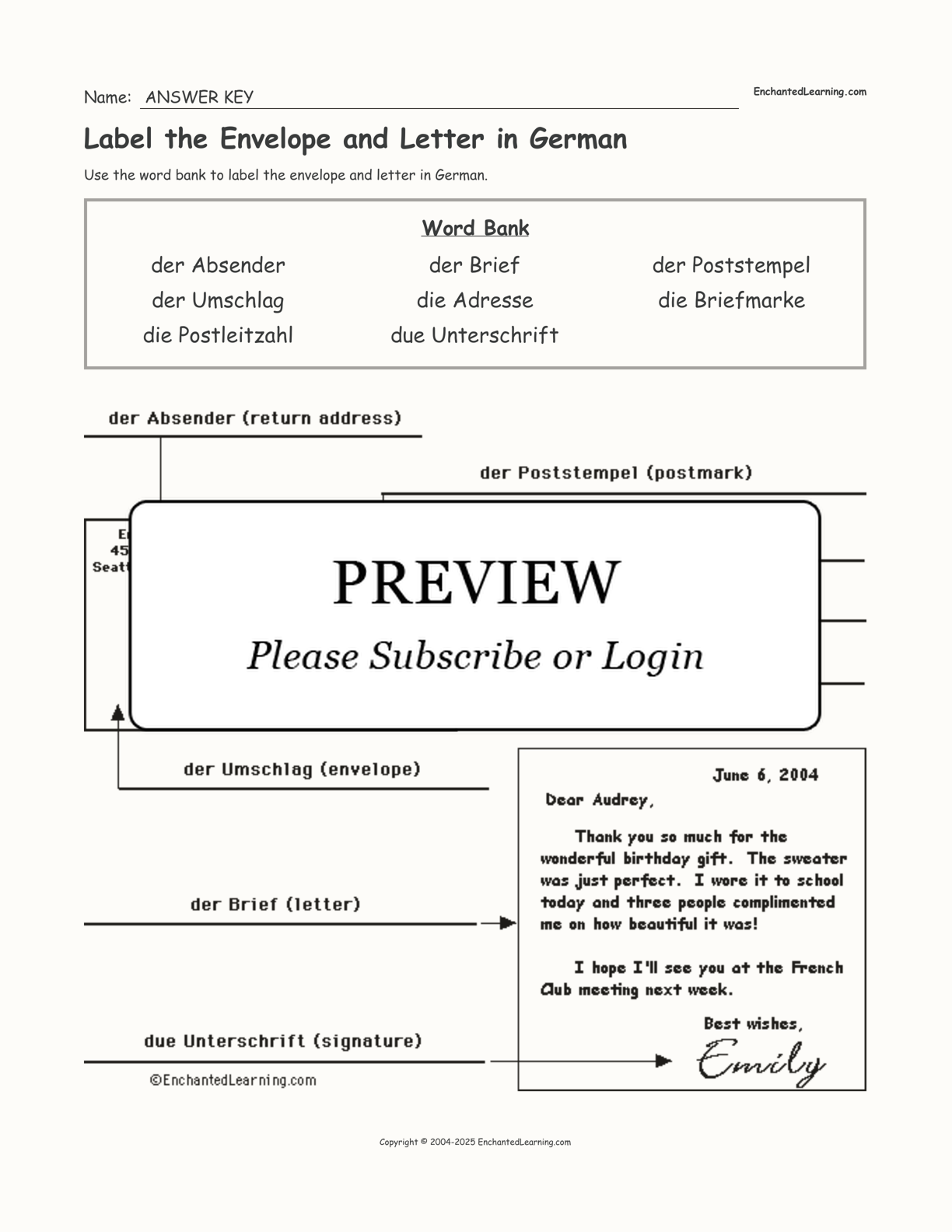 Label the Envelope and Letter in German interactive worksheet page 2