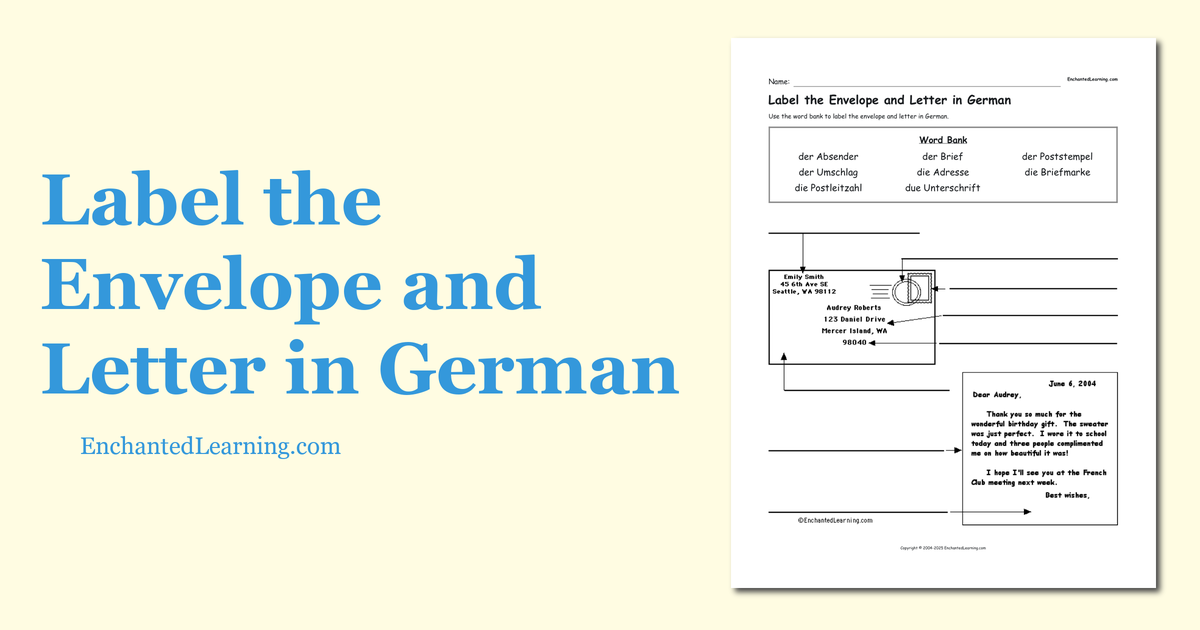 Label the Envelope and Letter in German Enchanted Learning