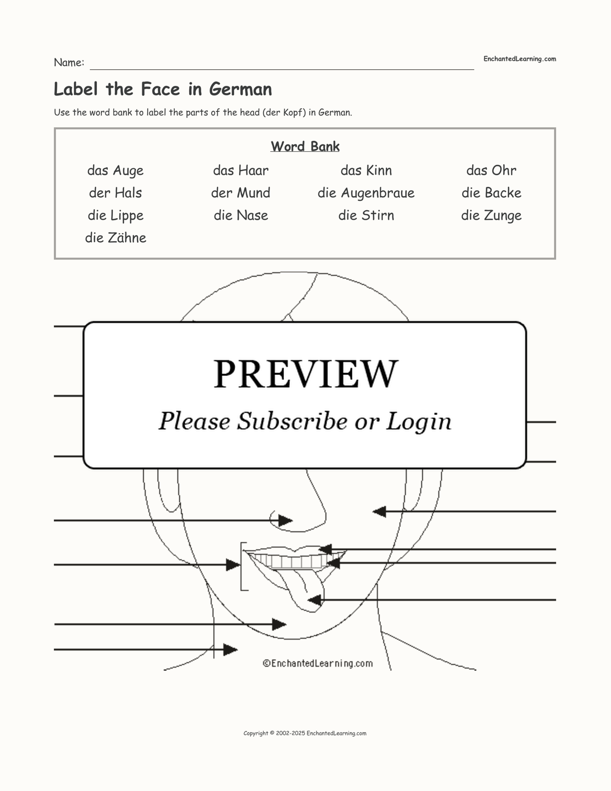 Label the Face in German interactive worksheet page 1