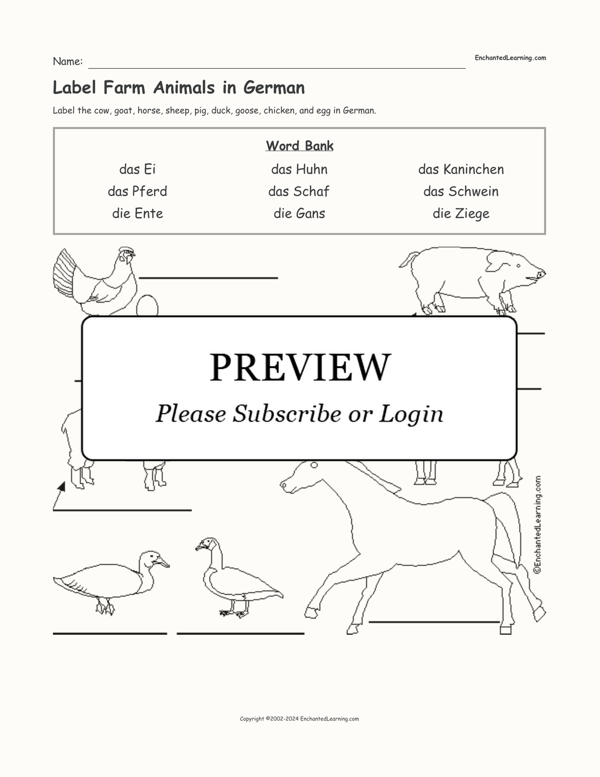 Label Farm Animals in German interactive worksheet page 1