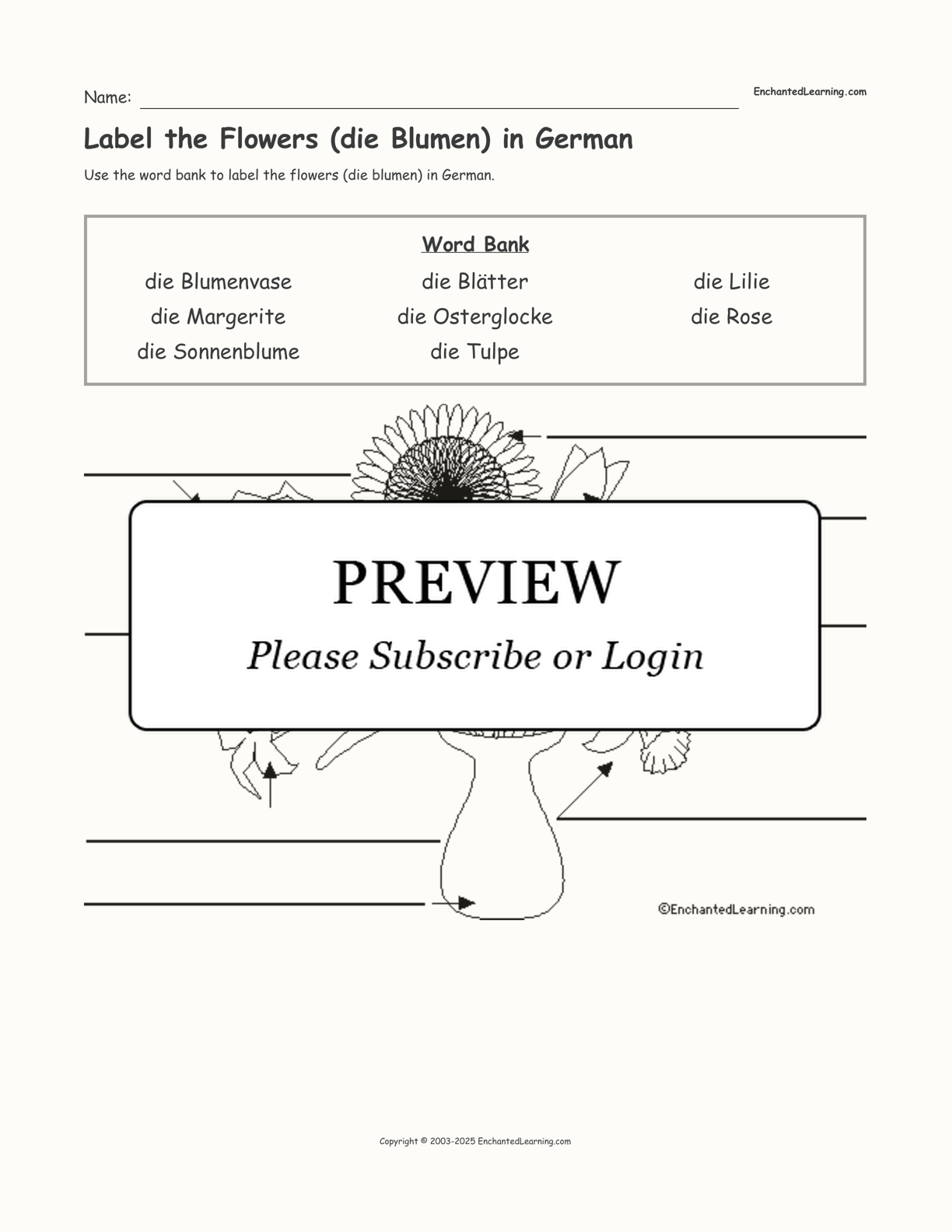 Label the Flowers (die Blumen) in German interactive worksheet page 1