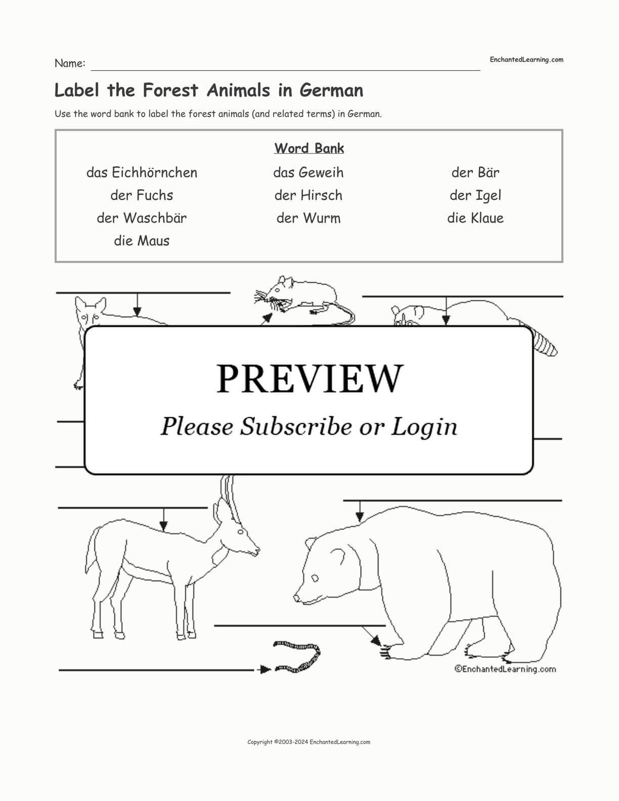Label the Forest Animals in German interactive worksheet page 1