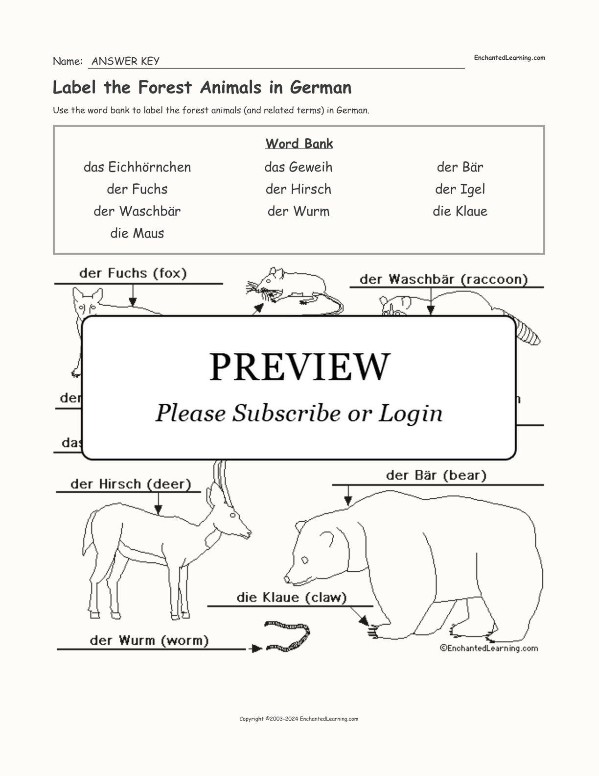 Label the Forest Animals in German interactive worksheet page 2