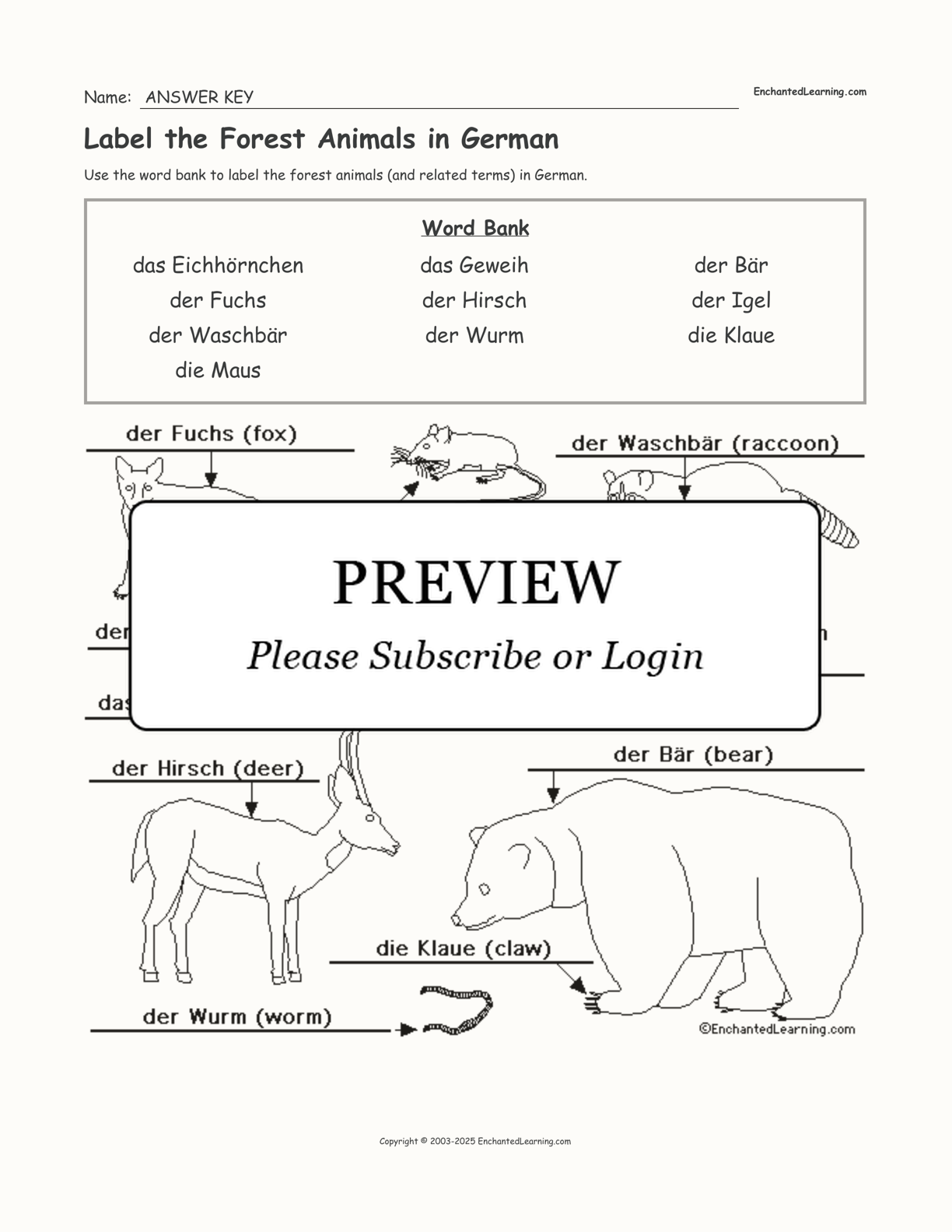 Label the Forest Animals in German interactive worksheet page 2