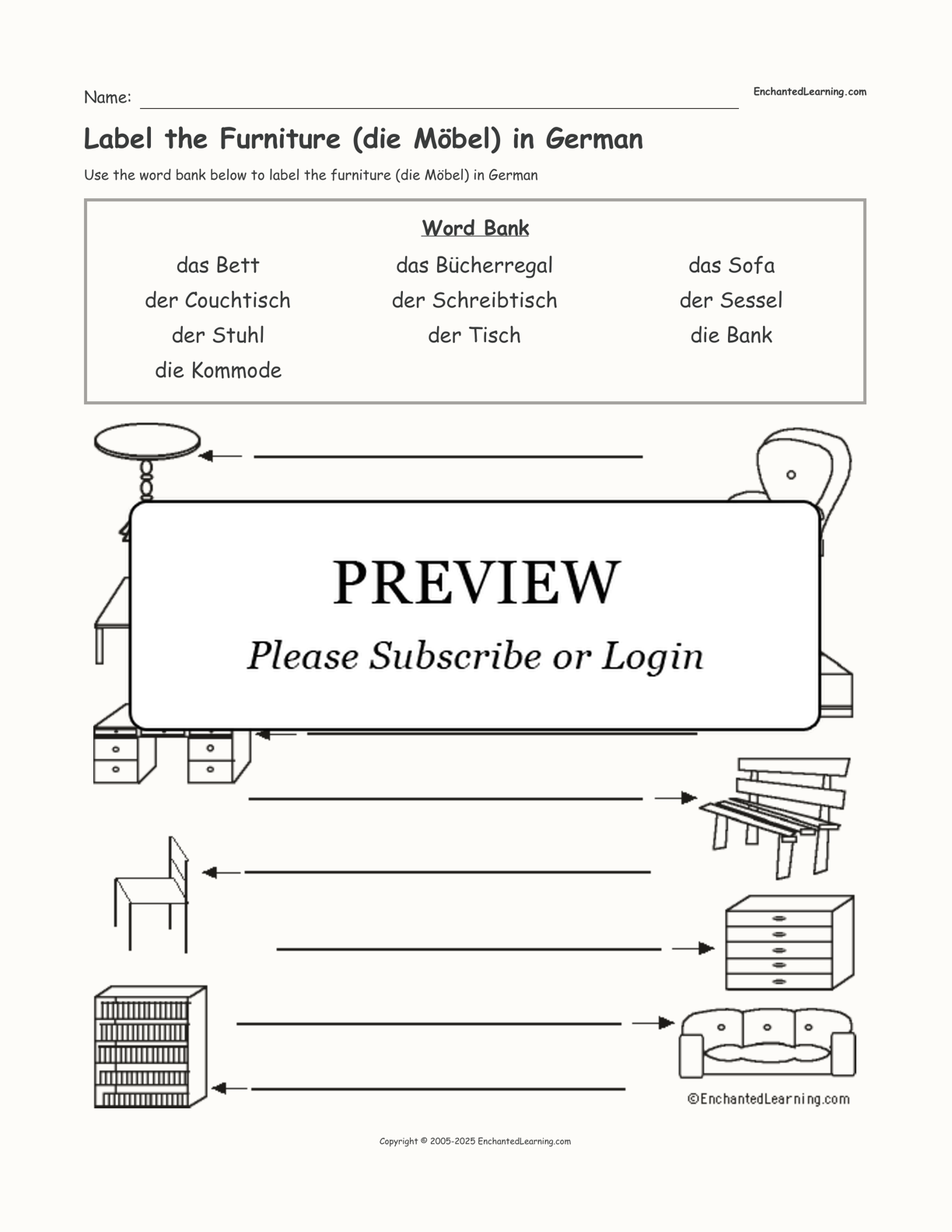 Label the Furniture (die Möbel) in German interactive worksheet page 1