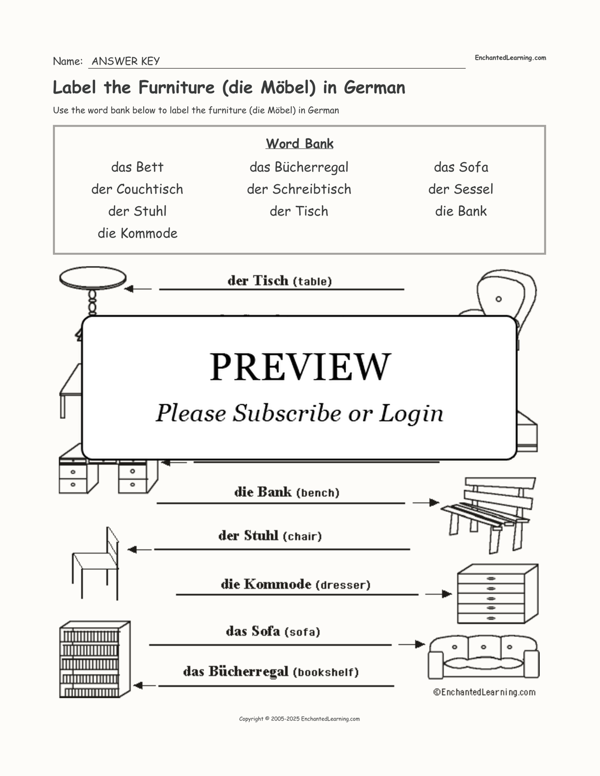 Label the Furniture (die Möbel) in German interactive worksheet page 2