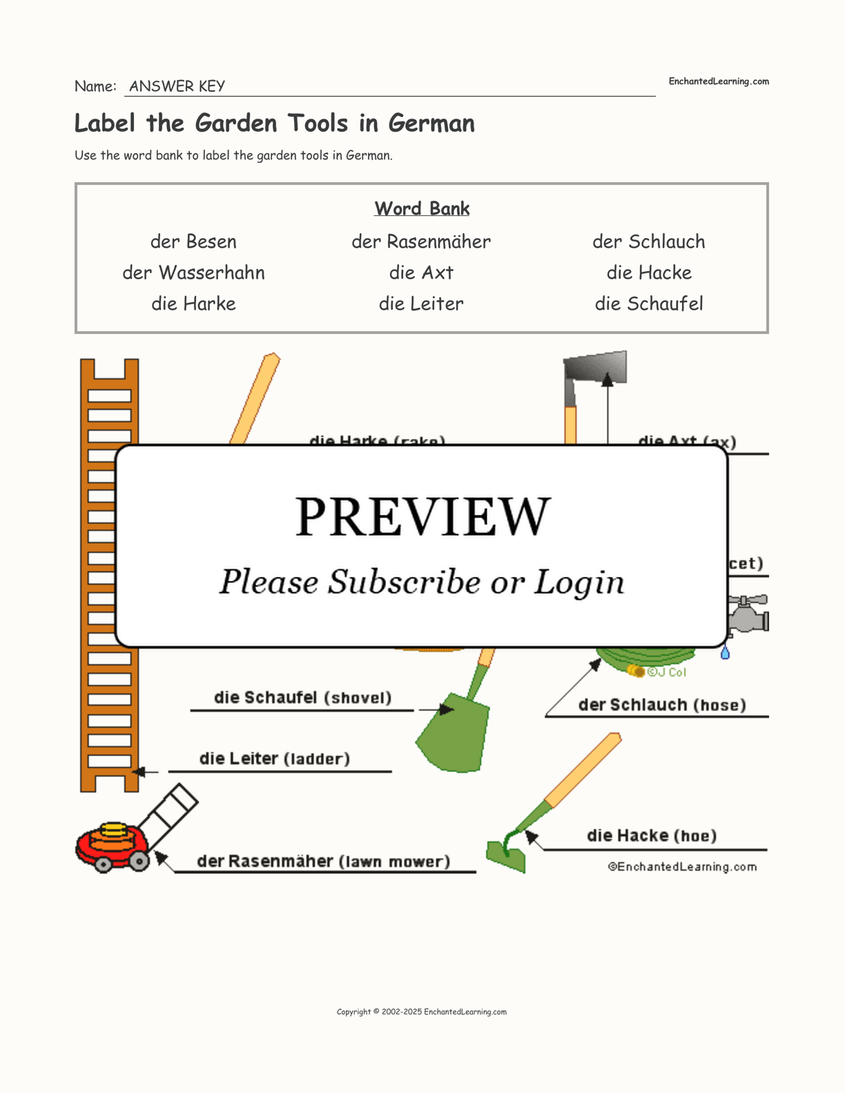 Label the Garden Tools in German interactive worksheet page 2