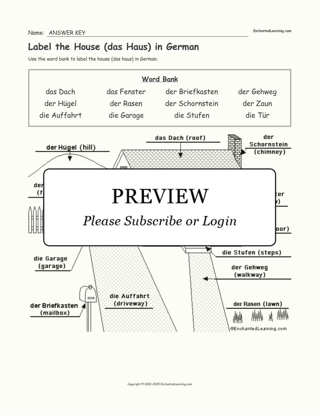 Label the House (das Haus) in German interactive worksheet page 2