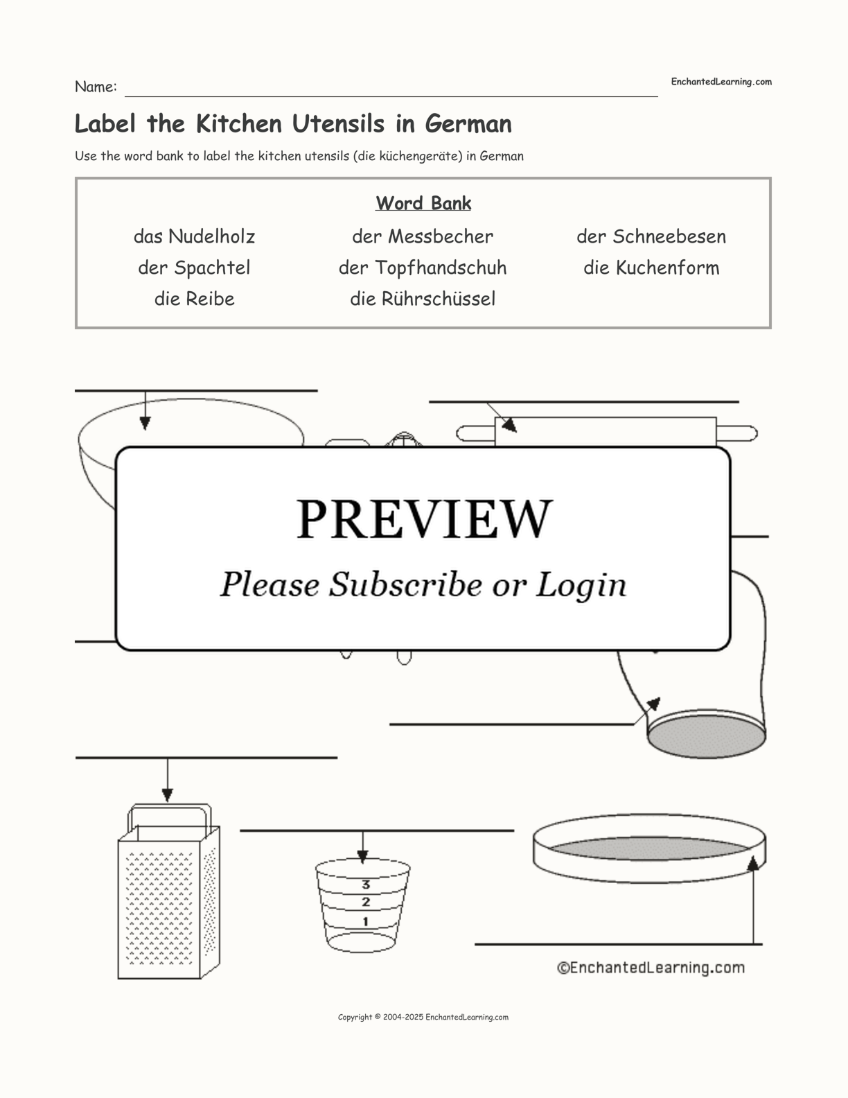 Label the Kitchen Utensils in German interactive worksheet page 1