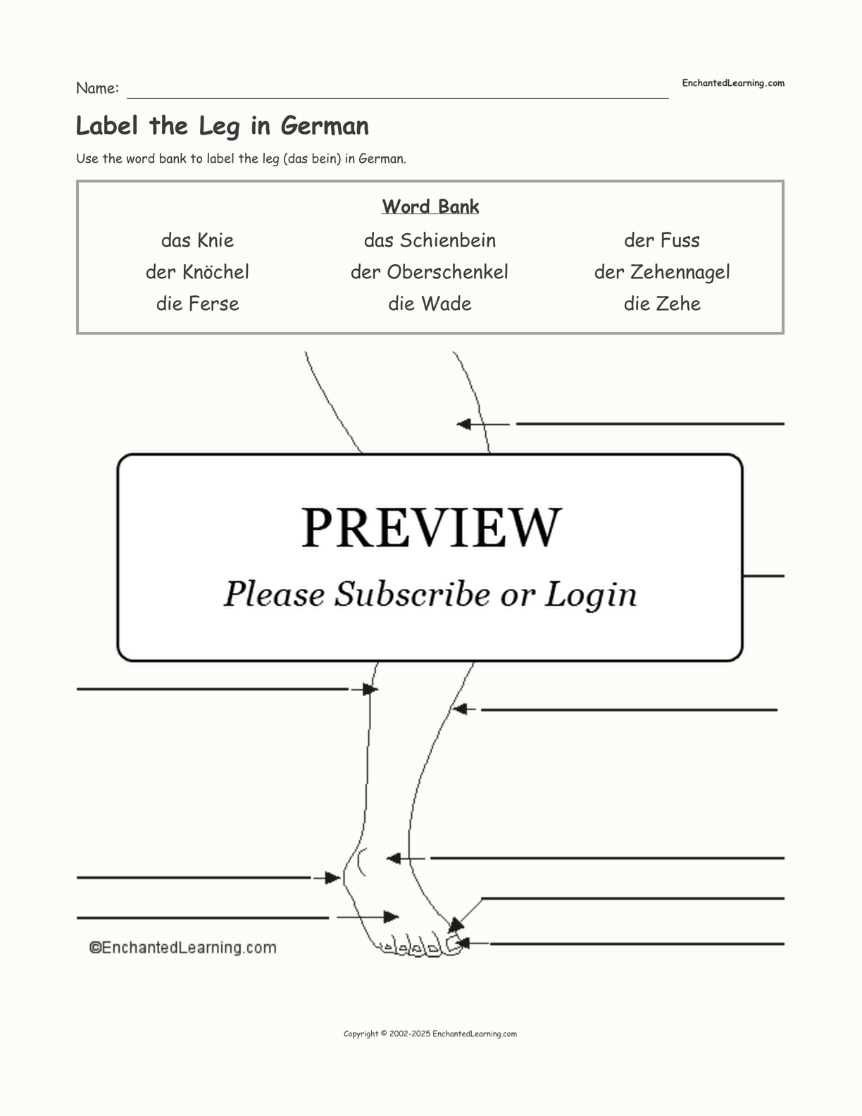 Label the Leg in German interactive worksheet page 1