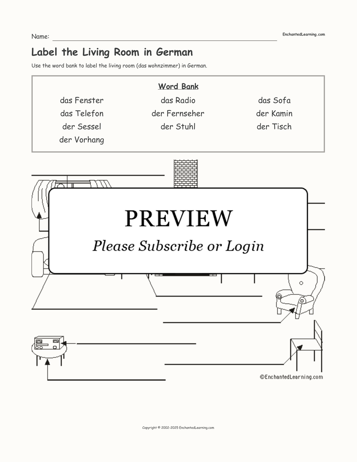 Label the Living Room in German interactive worksheet page 1