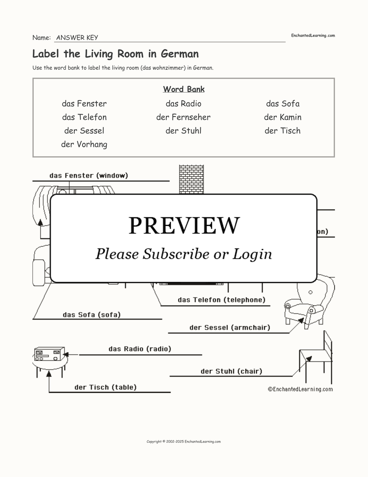 Label the Living Room in German interactive worksheet page 2