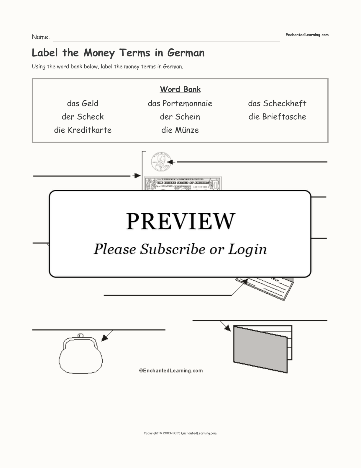 Label the Money Terms in German interactive worksheet page 1