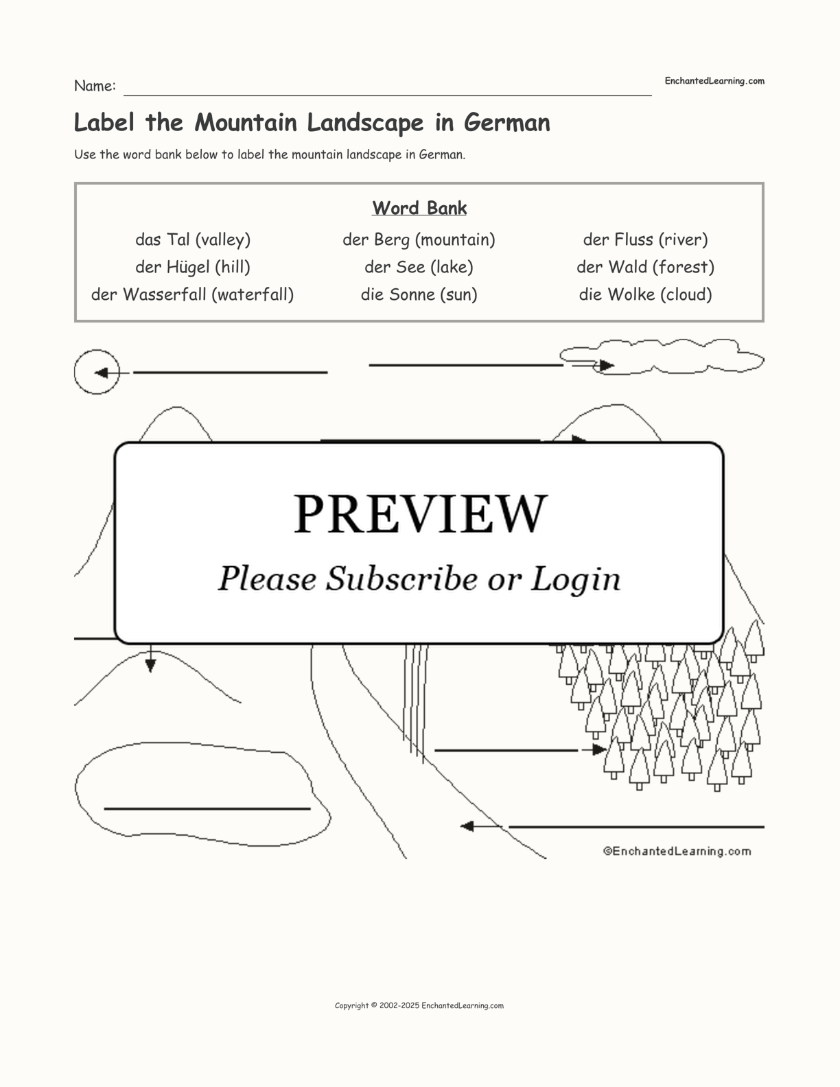 Label the Mountain Landscape in German interactive worksheet page 1