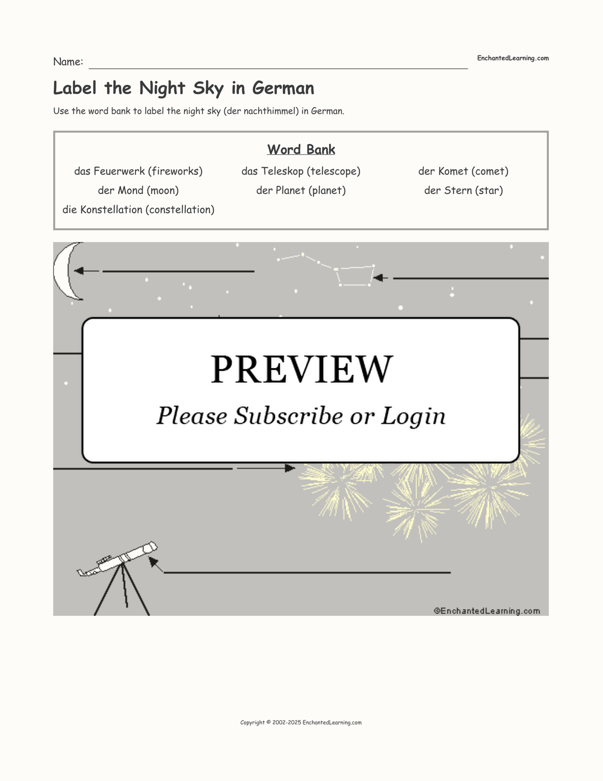 Label the Night Sky in German interactive worksheet page 1