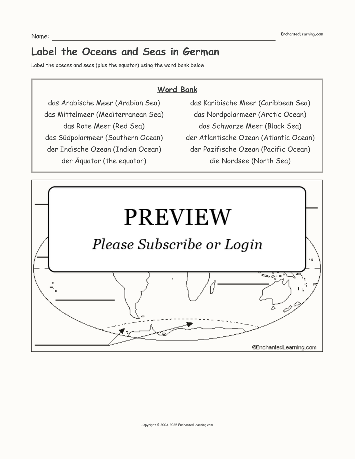 Label the Oceans and Seas in German interactive worksheet page 1