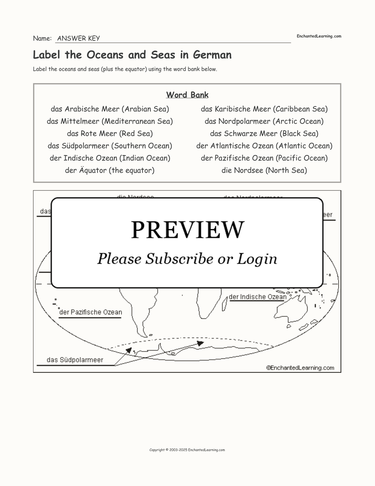 Label the Oceans and Seas in German interactive worksheet page 2