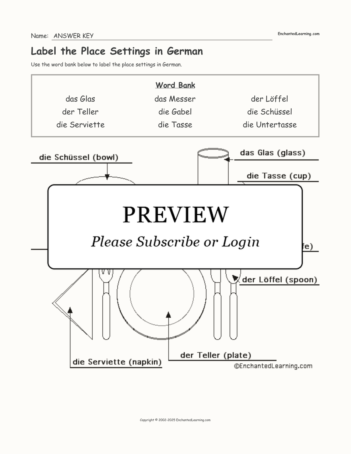 Label the Place Settings in German interactive worksheet page 2