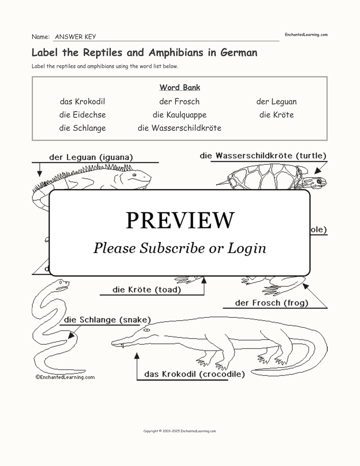 Label the Reptiles and Amphibians in German interactive worksheet page 2