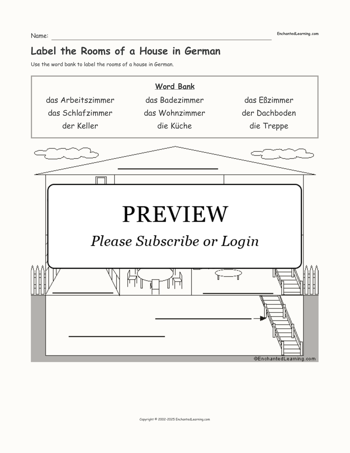 Label the Rooms of a House in German interactive worksheet page 1