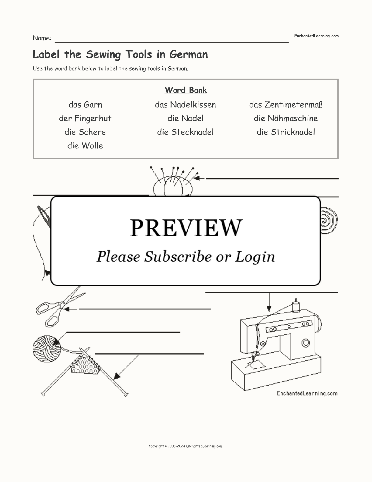 Label the Sewing Tools in German interactive worksheet page 1