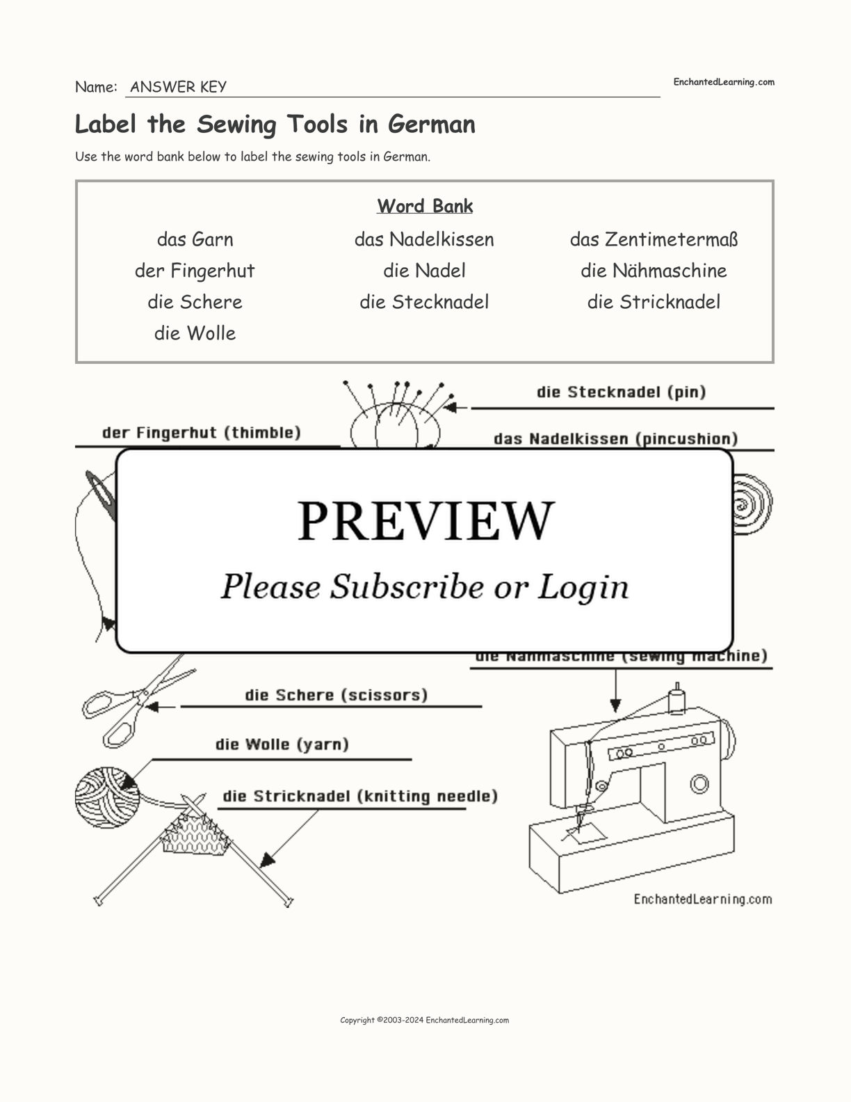 Label the Sewing Tools in German interactive worksheet page 2