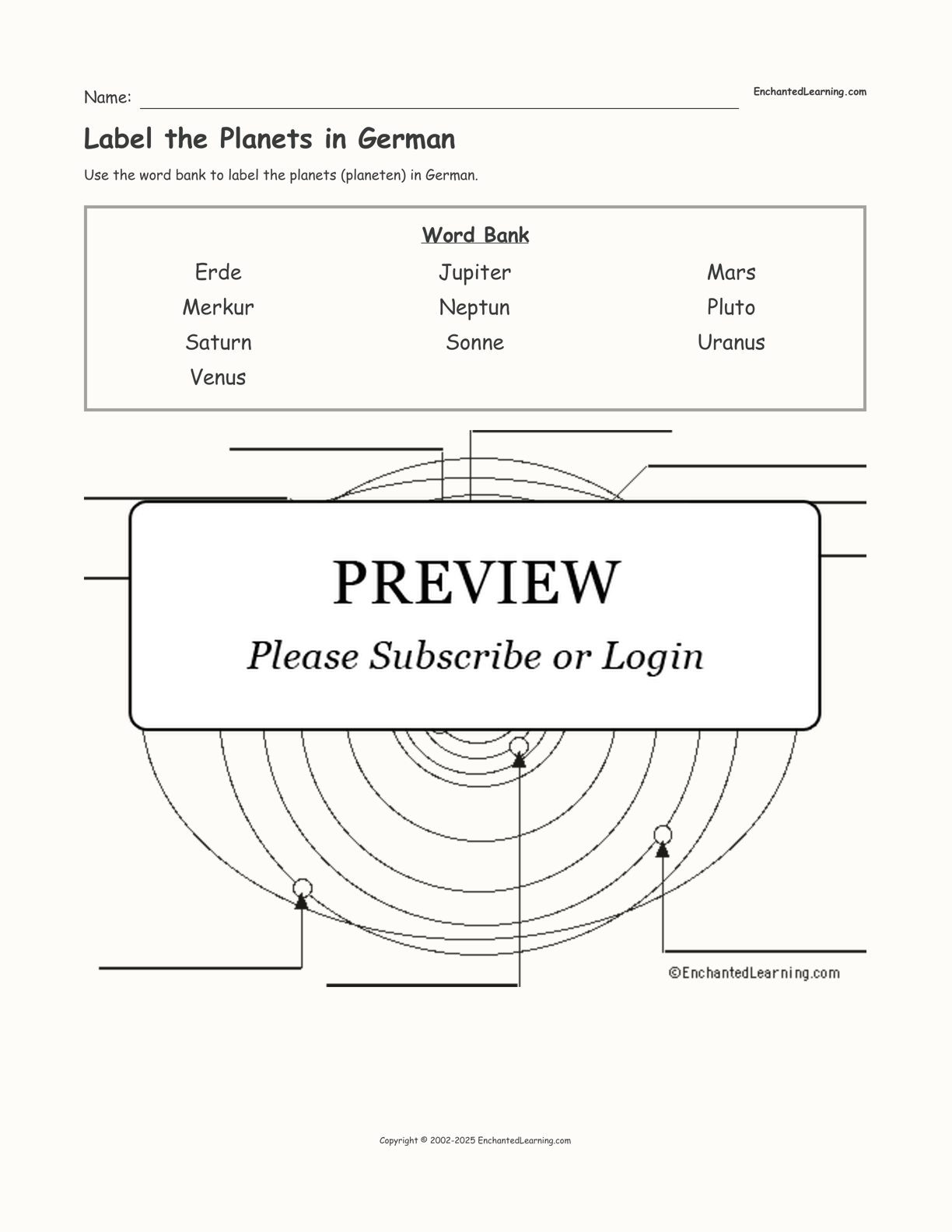 Label the Planets in German interactive worksheet page 1