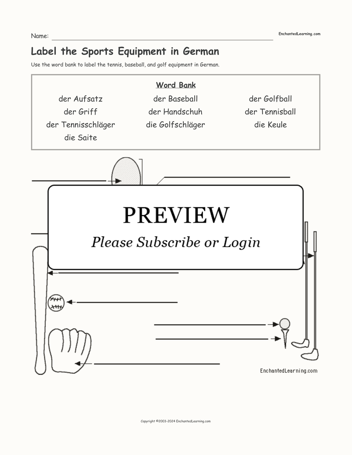 Label the Sports Equipment in German interactive worksheet page 1