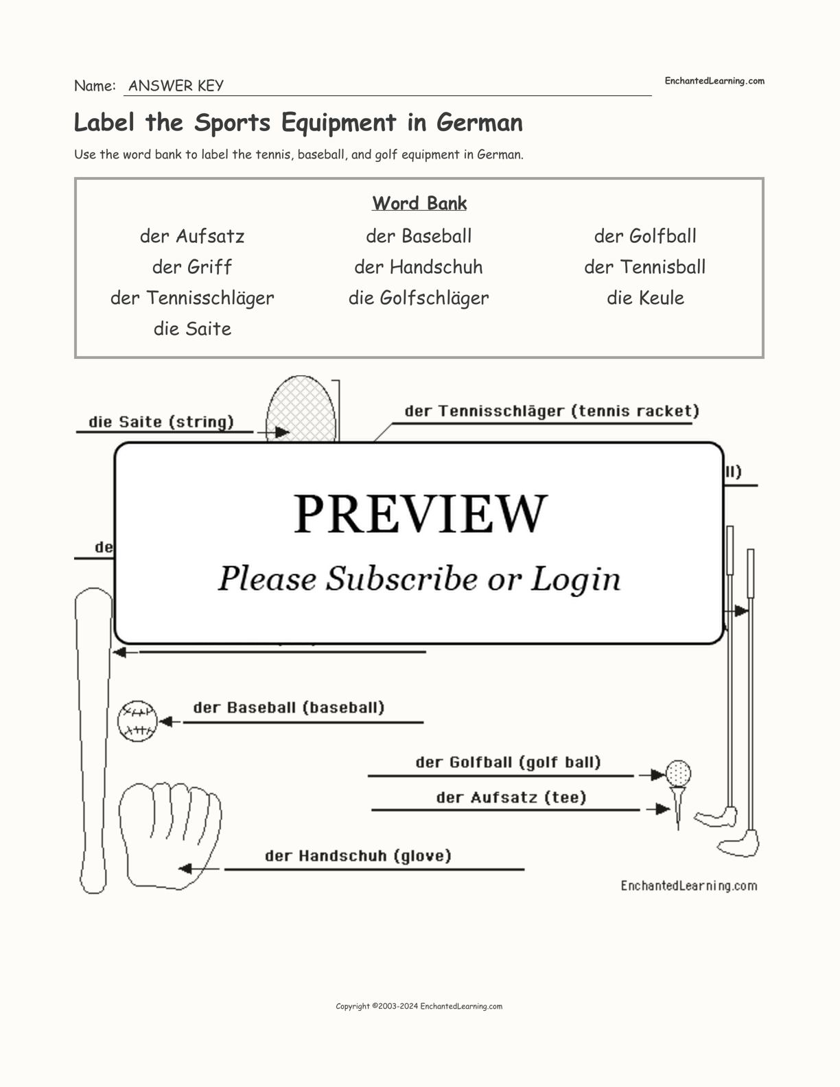 Label the Sports Equipment in German interactive worksheet page 2