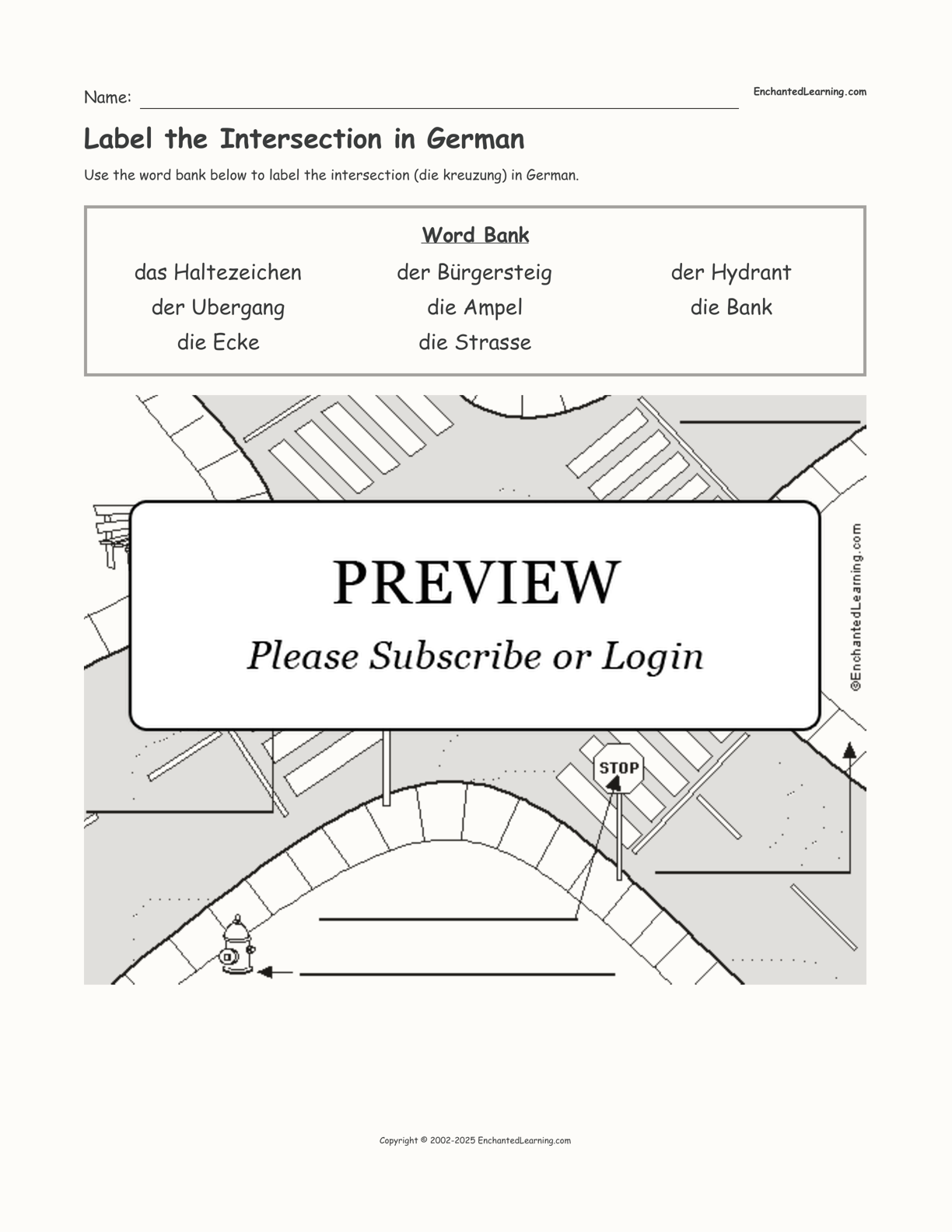 Label the Intersection in German interactive worksheet page 1