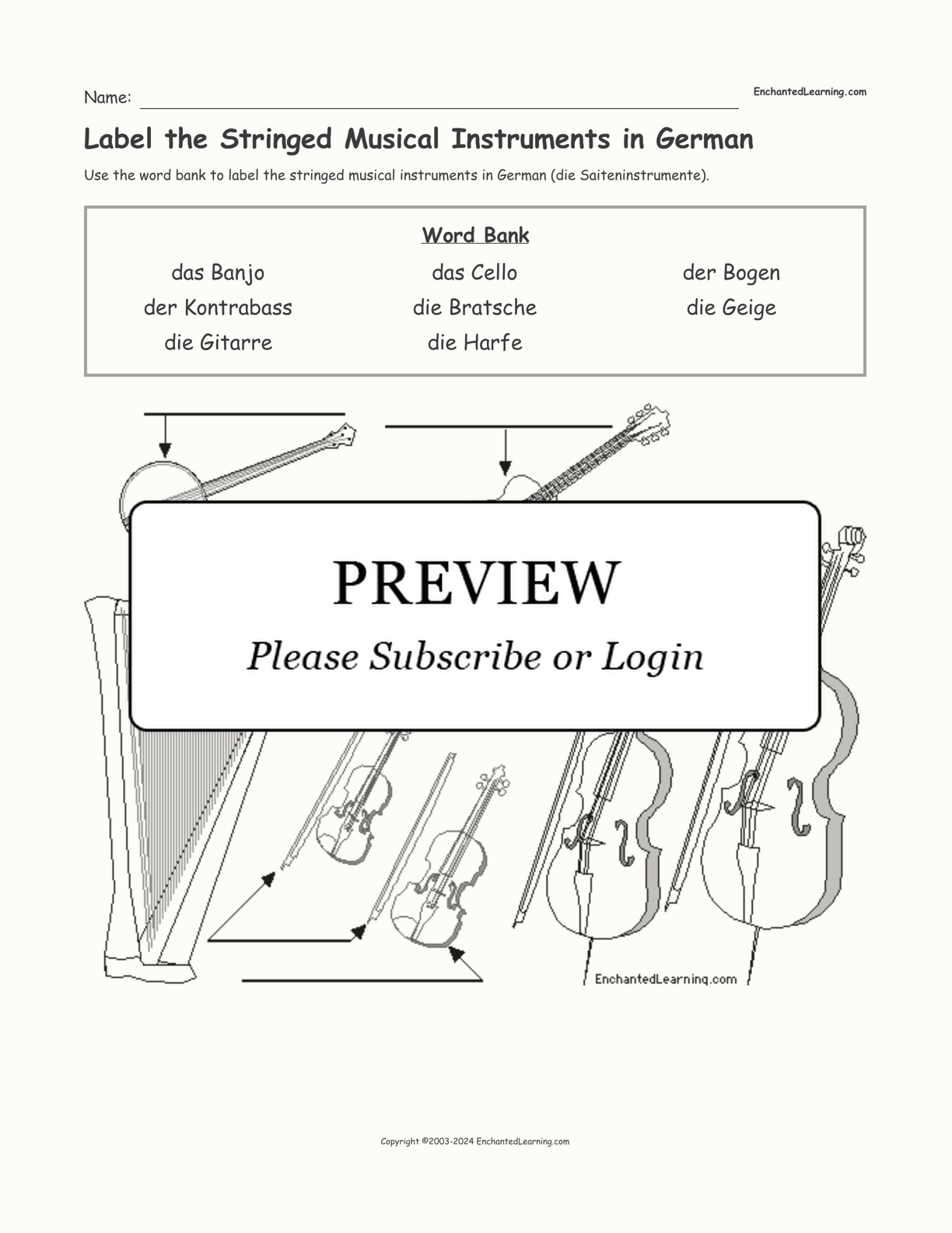 Label the Stringed Musical Instruments in German interactive worksheet page 1