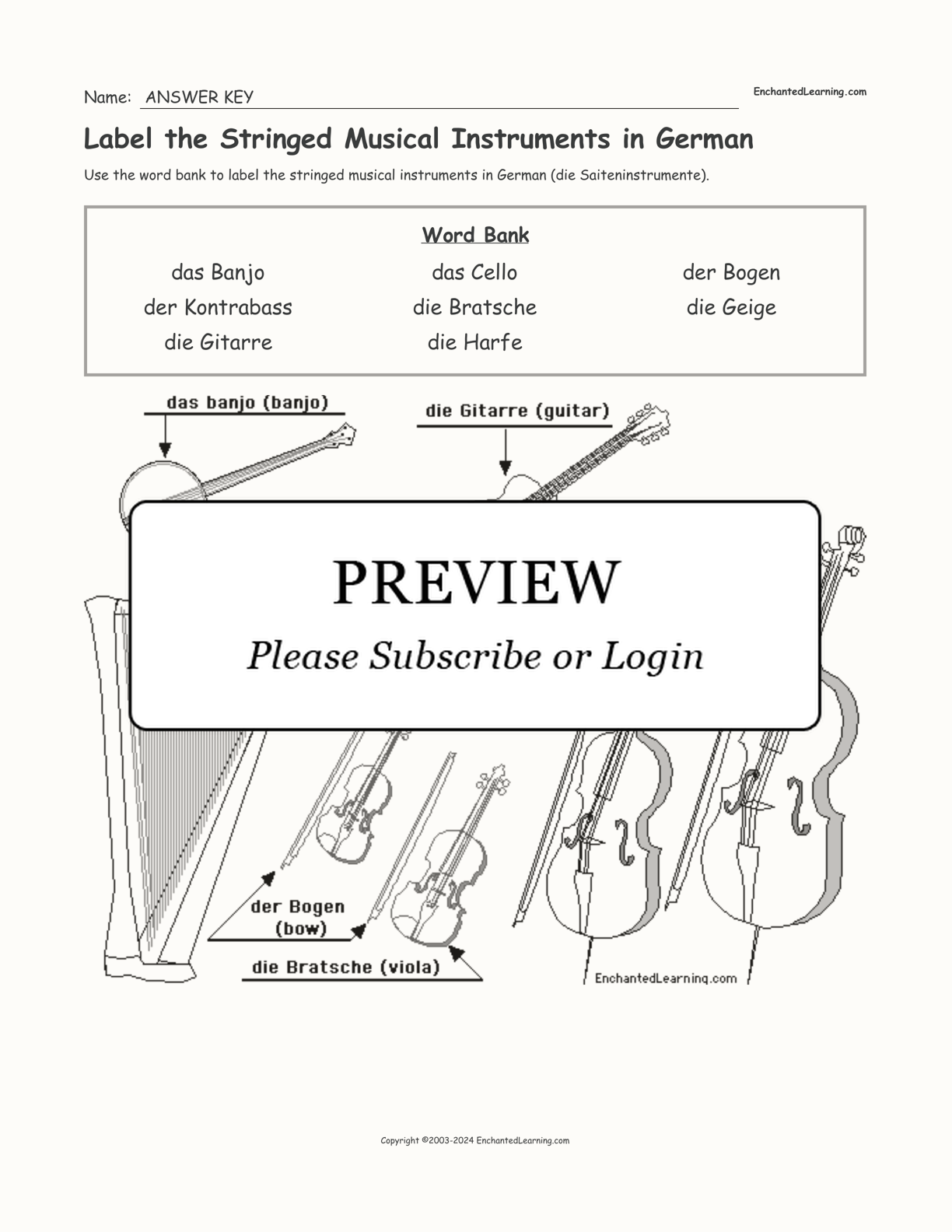Label the Stringed Musical Instruments in German interactive worksheet page 2