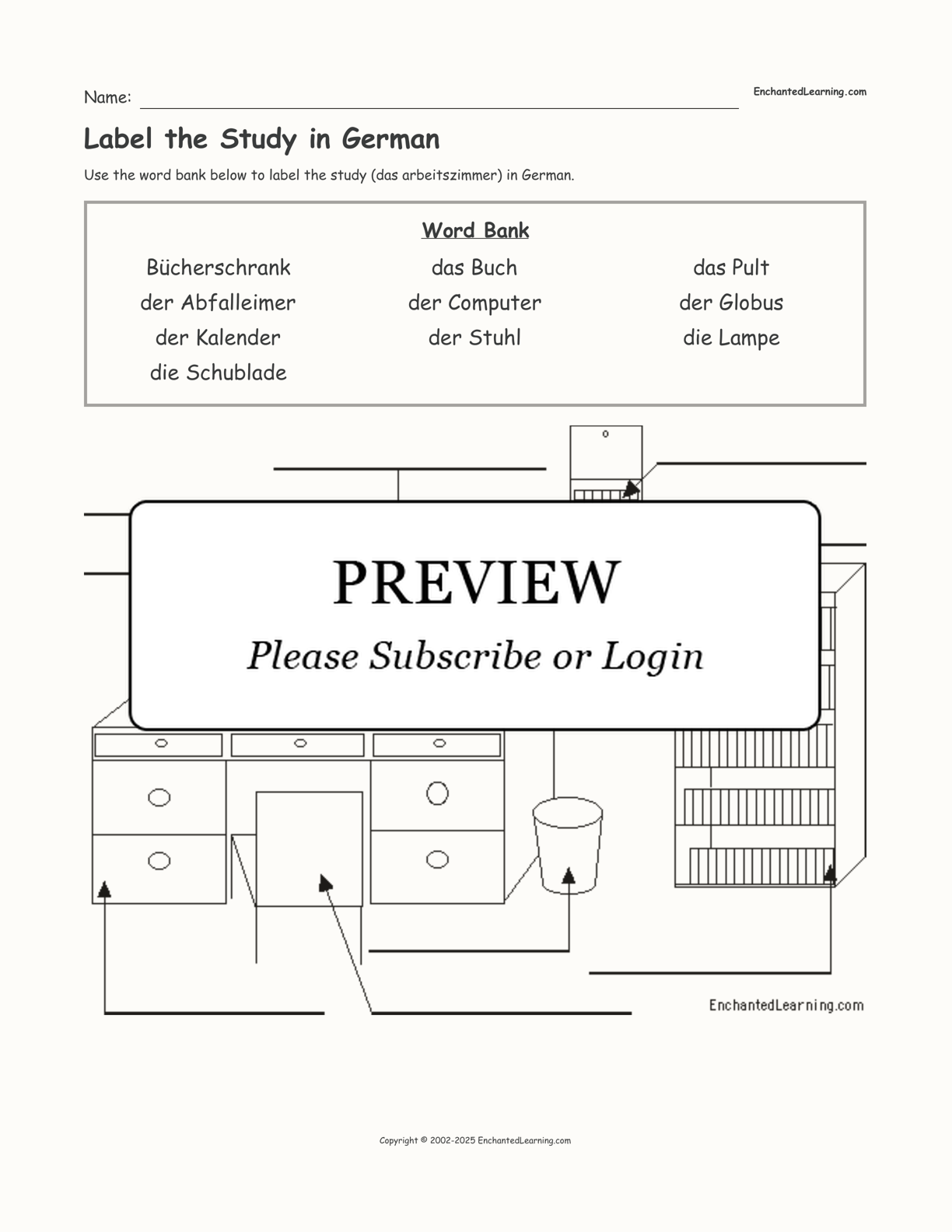 Label the Study in German interactive worksheet page 1