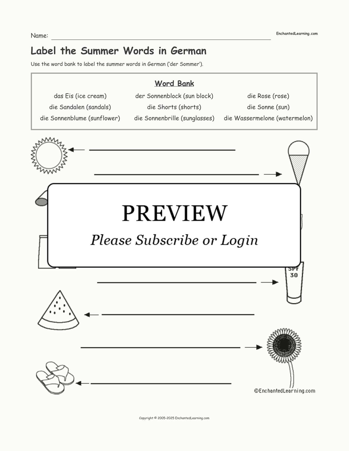 Label the Summer Words in German interactive worksheet page 1