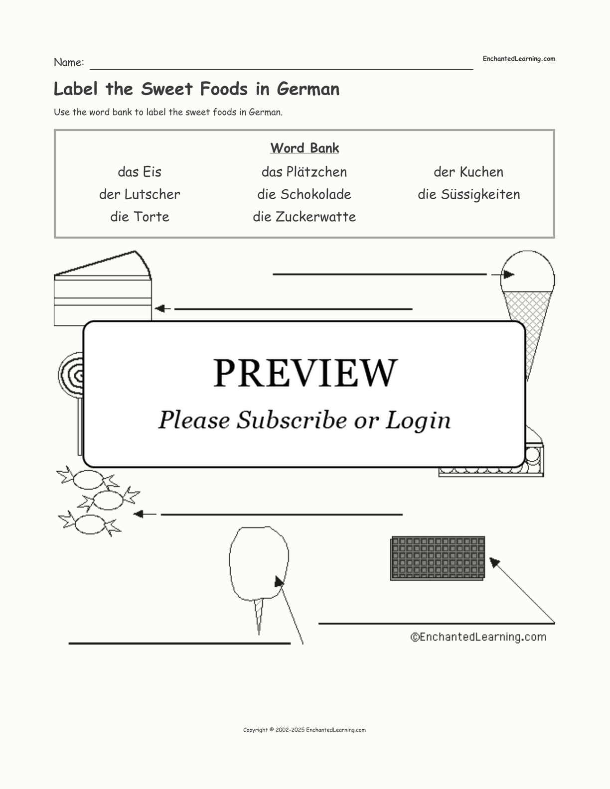 Label the Sweet Foods in German interactive worksheet page 1