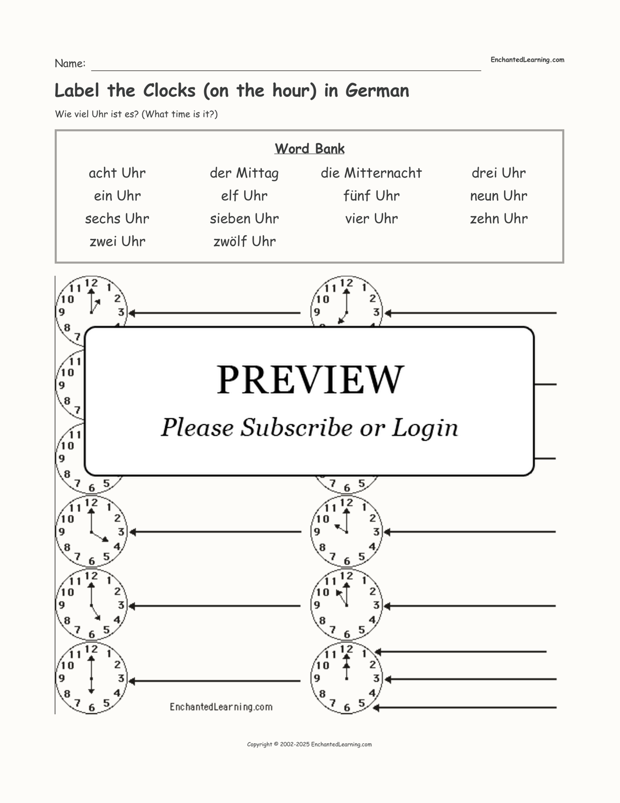 Label the Clocks (on the hour) in German interactive worksheet page 1