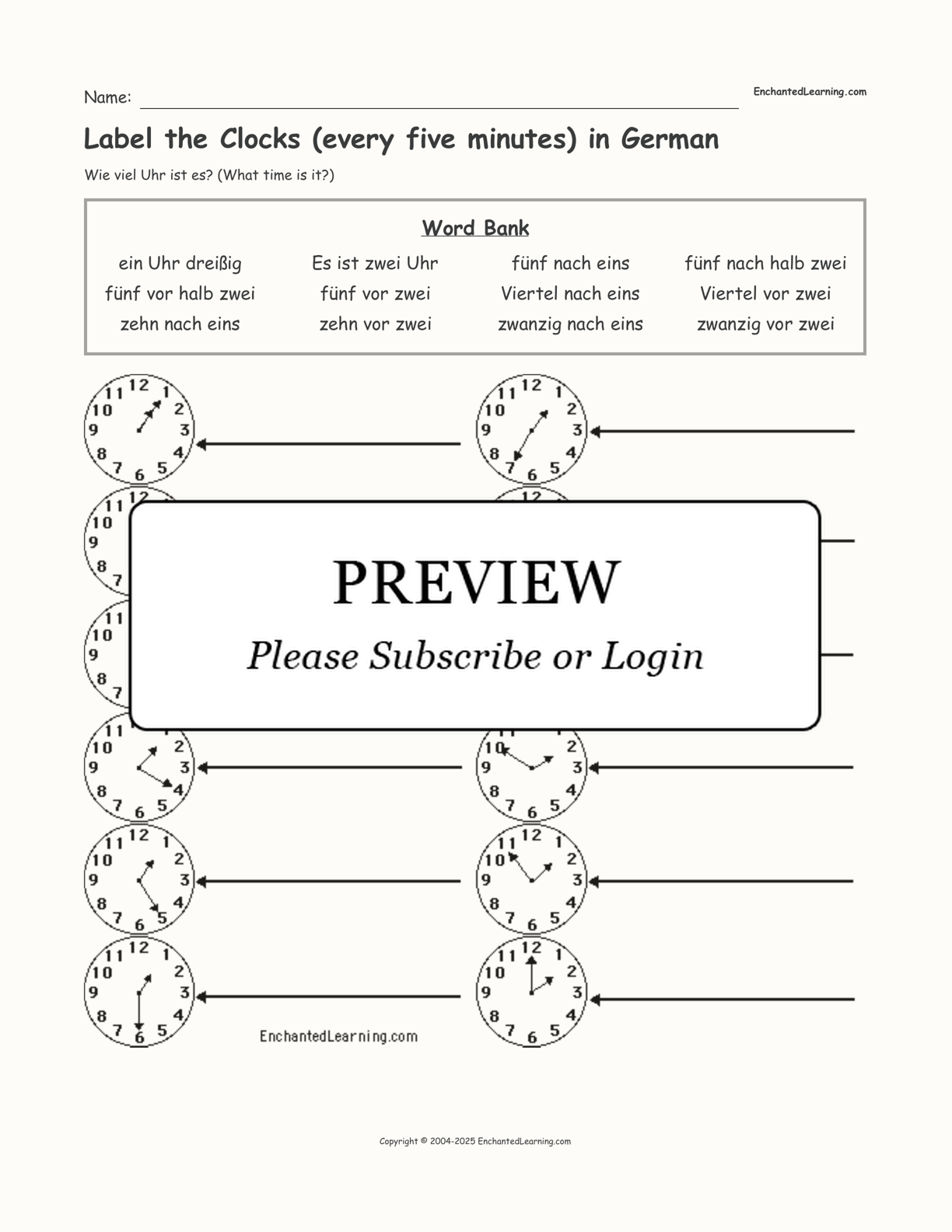 Label the Clocks (every five minutes) in German interactive worksheet page 1