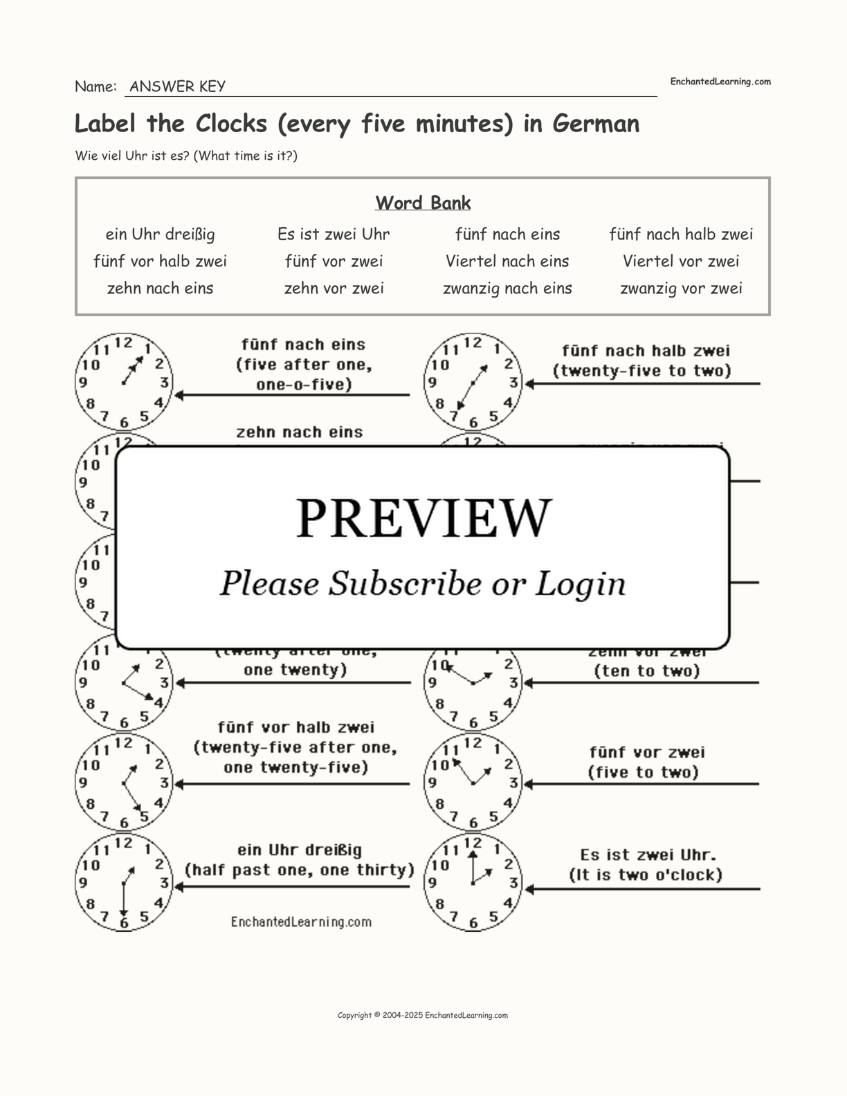 Label the Clocks (every five minutes) in German interactive worksheet page 2