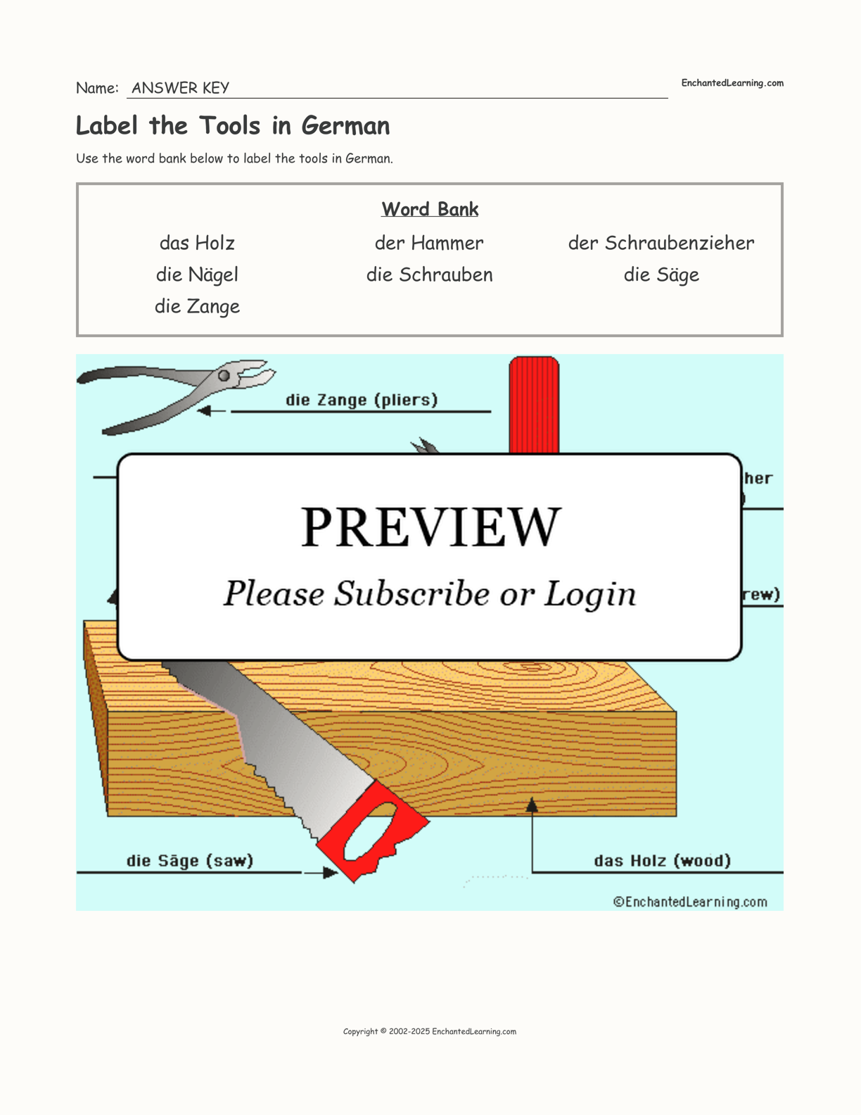 Label the Tools in German interactive worksheet page 2