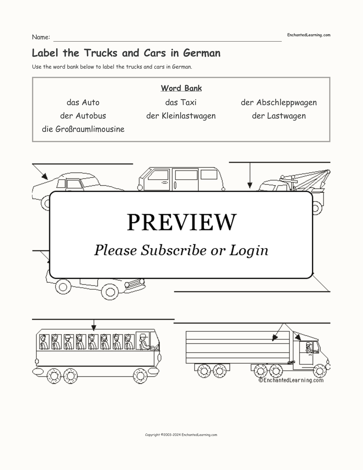 Label the Trucks and Cars in German interactive worksheet page 1