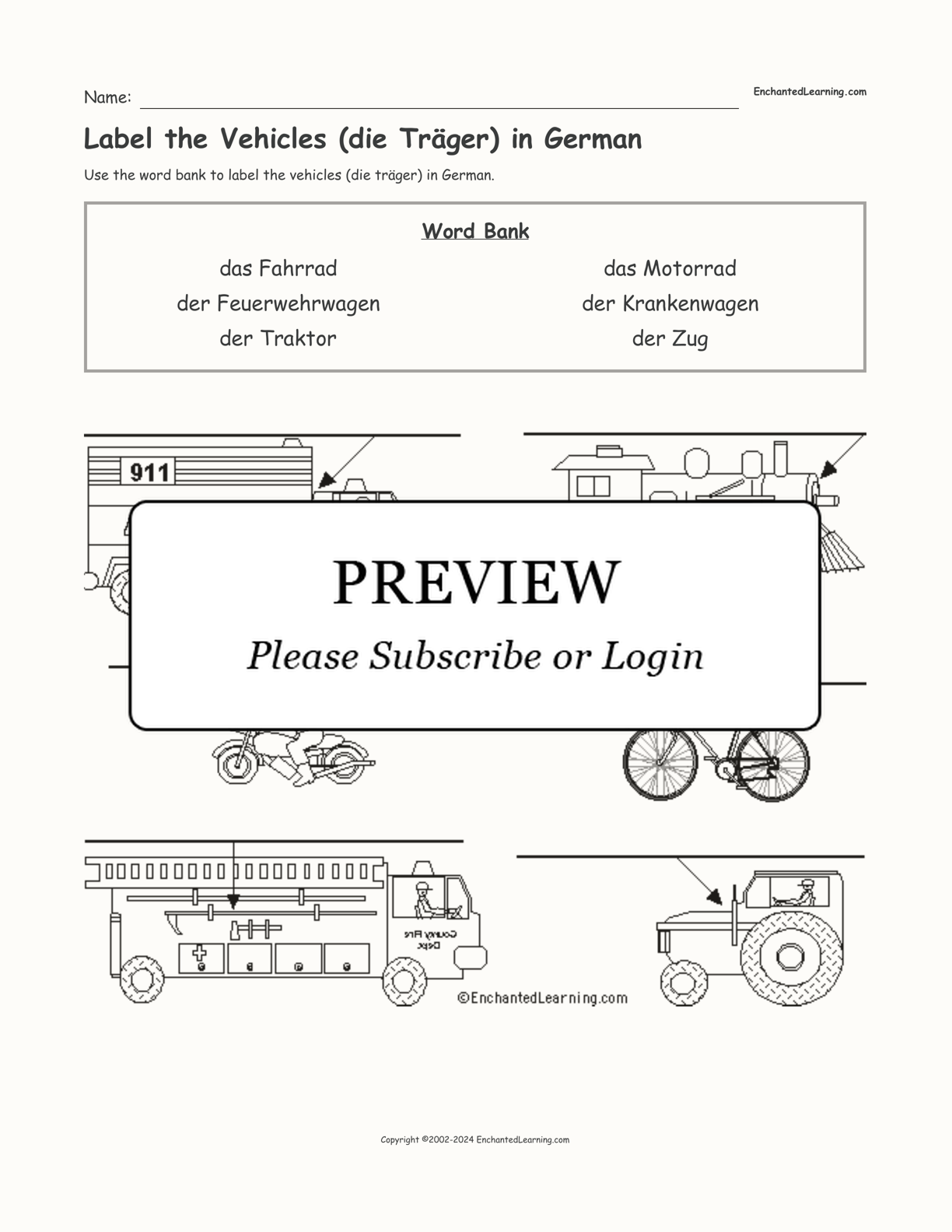 Label the Vehicles (die Träger) in German interactive worksheet page 1