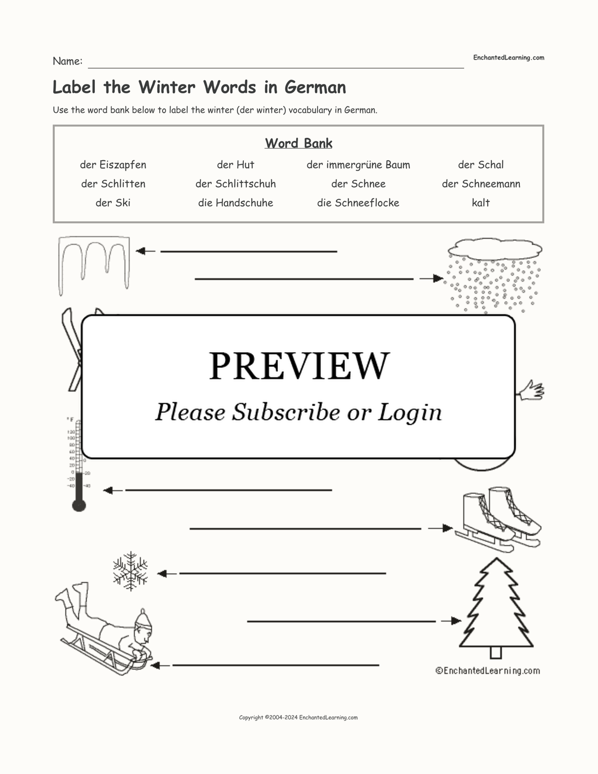 Label the Winter Words in German interactive worksheet page 1