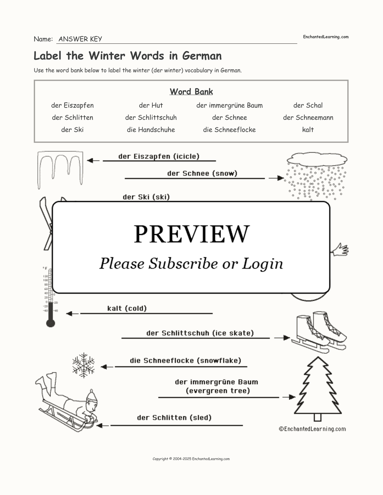 Label the Winter Words in German interactive worksheet page 2