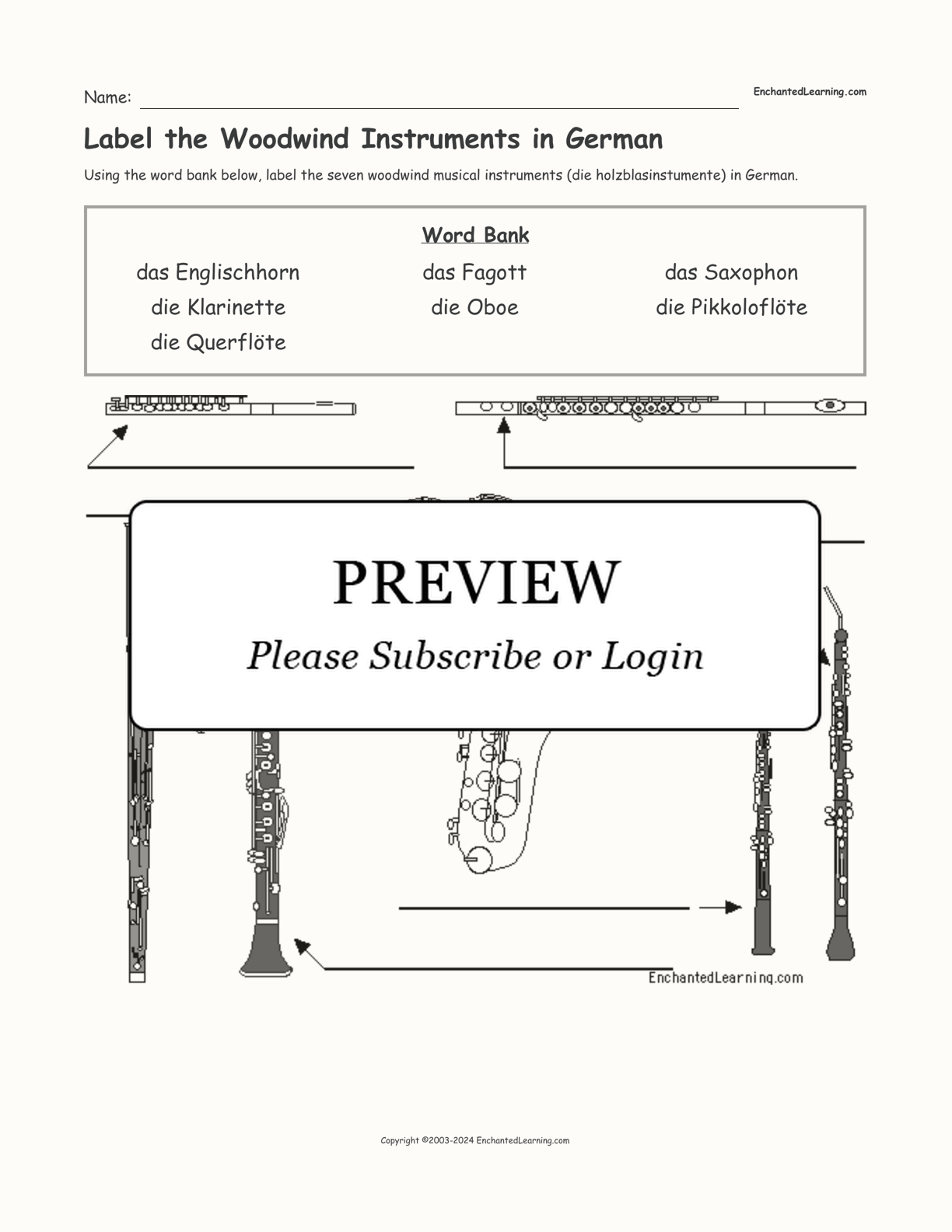 Label the Woodwind Instruments in German interactive worksheet page 1