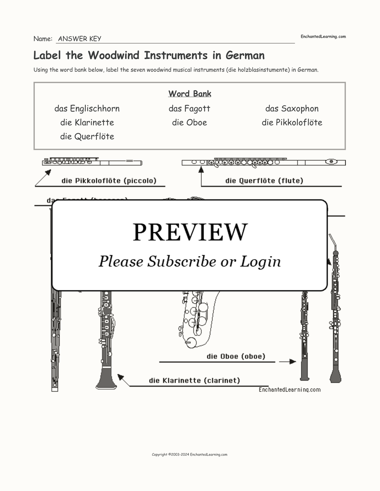 Label the Woodwind Instruments in German interactive worksheet page 2