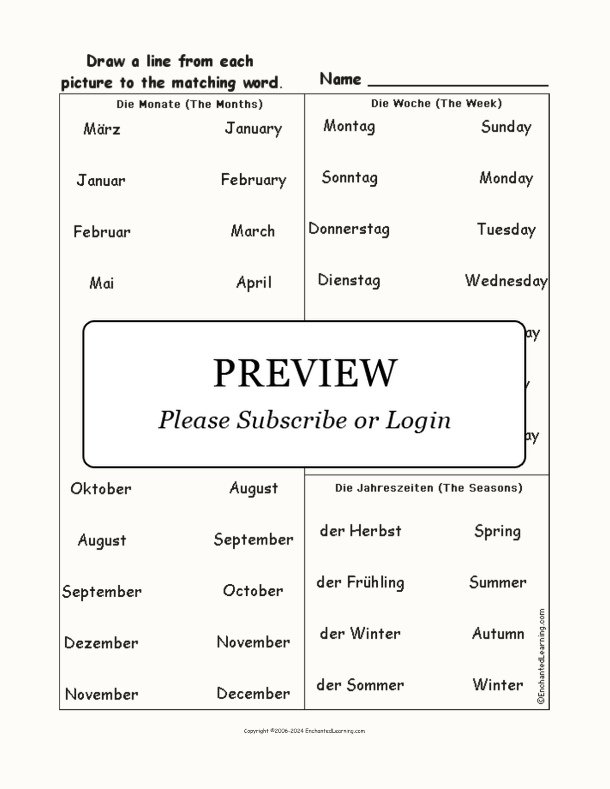 Match the German Calendar Words to the Pictures interactive worksheet page 1
