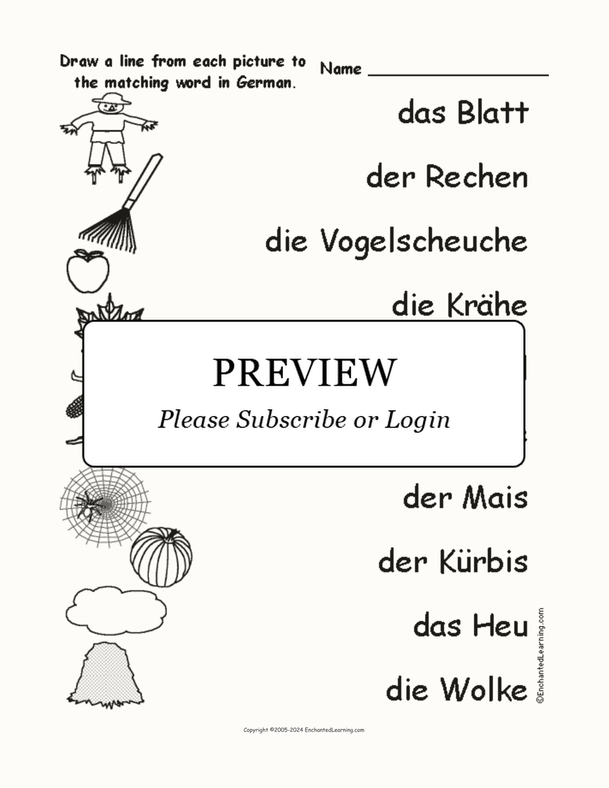 Match the German Fall Words to the Pictures interactive worksheet page 1